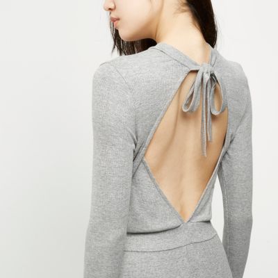 Grey open back ribbed jumpsuit